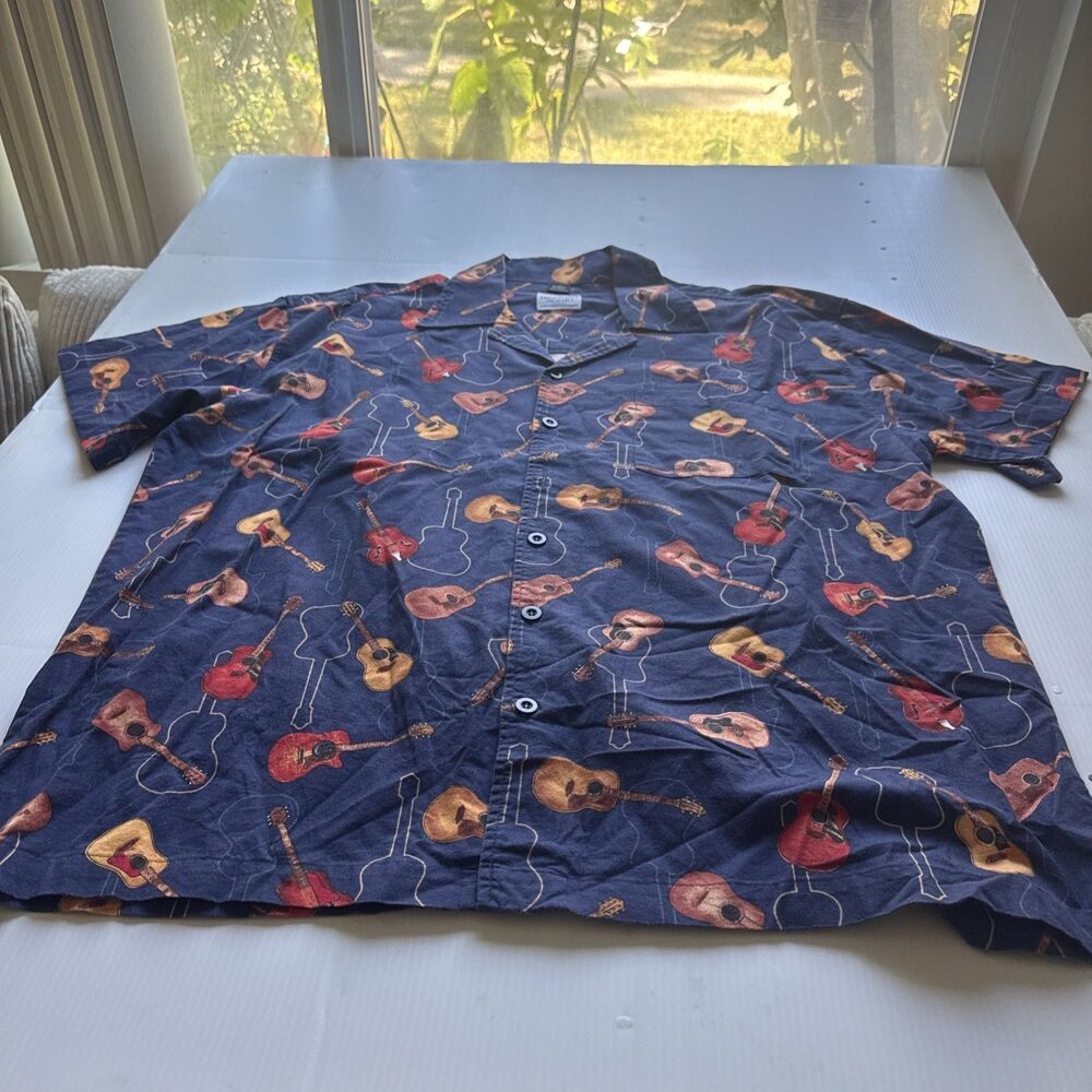 David Carey Original Men’s 2X Guitar Print Camp Shirt Blue Cotton Rayon Button
